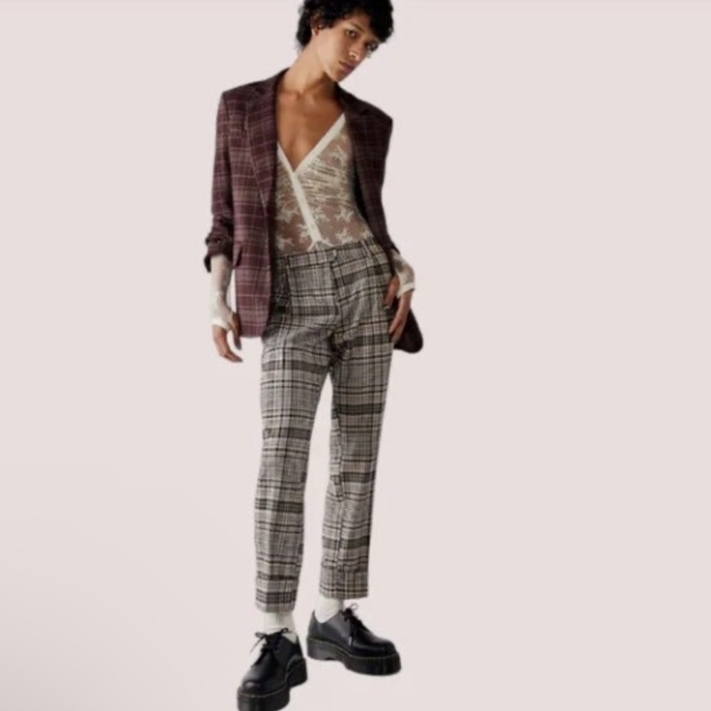 Free People Brown Plaid All For Me Slim Pants